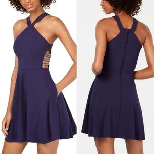 Xtraordinary Navy Blue Stretchy Bead Side Cut-out Halter Mini Fit & Flare Dress